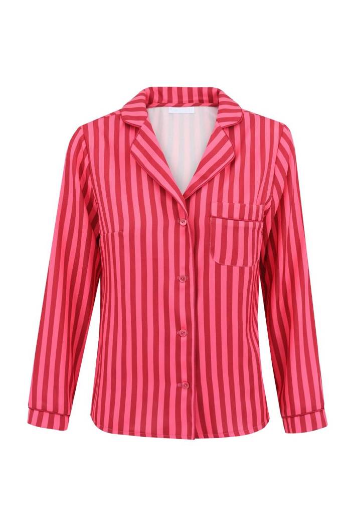 Koszula damska KIM - rozpinana z długim rękawem w różowo-czerwone paski. 