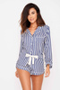 Piżama damska Polly - w białe i granatowe paski  z długim rękawem i kokardą