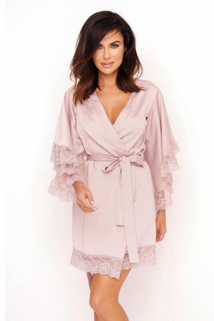 Szlafrok damski Luna - satynowy brudny róż z asymetrycznymi rękawami