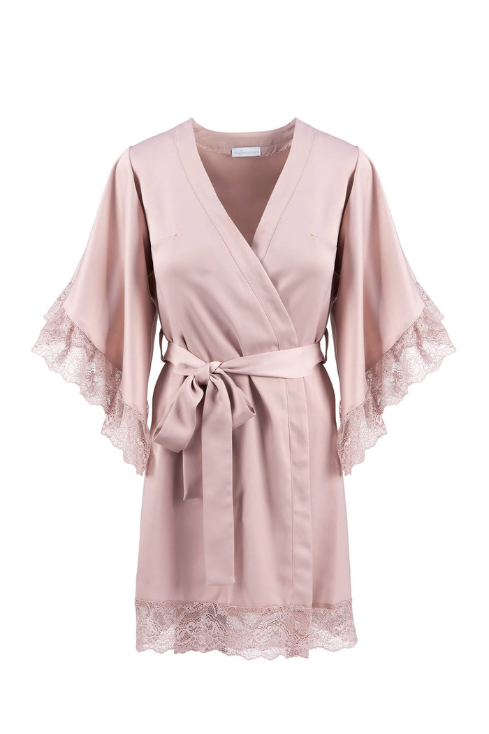 Szlafrok damski Luna - satynowy brudny róż z asymetrycznymi rękawami