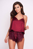 Piżama damska Tamara - satynowa bordowa z koronkowymi spodenkami i kokardą