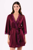 Szlafrok damski Ruby - satynowy bordowy z koronką i wiązaniem w pasie