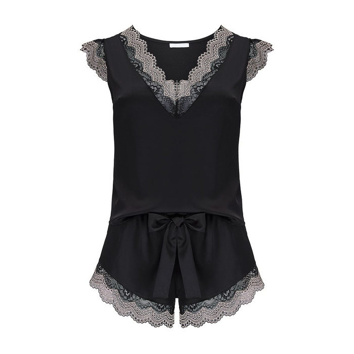 Piżama damska Wendy - satynowa czarna z dwukolorową koronką