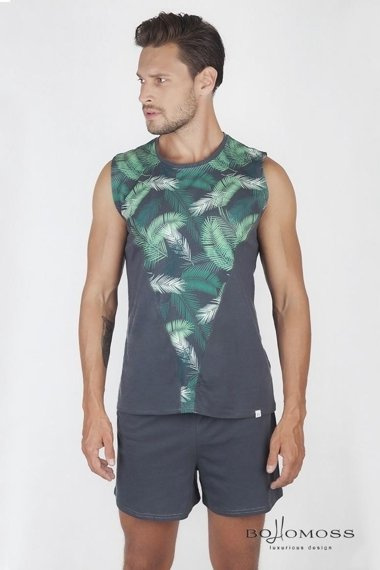 T shirt męski bez rękawów - popielaty z nadrukowanymi piórami