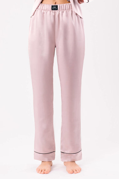 Spodnie Odette - satynowe w kolorze brudnego różu z ozdobnym czarnym pajpingiem u dołu nogawki
