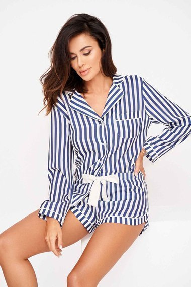 Piżama damska Polly - w białe i granatowe paski  z długim rękawem i kokardą