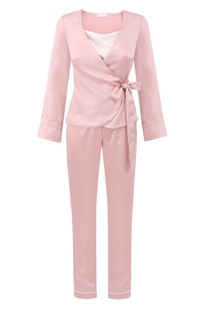 Damski komplet do spania Mia - satynowy ecru top różowe spodnie i krótki szlafrok z pajpingiem