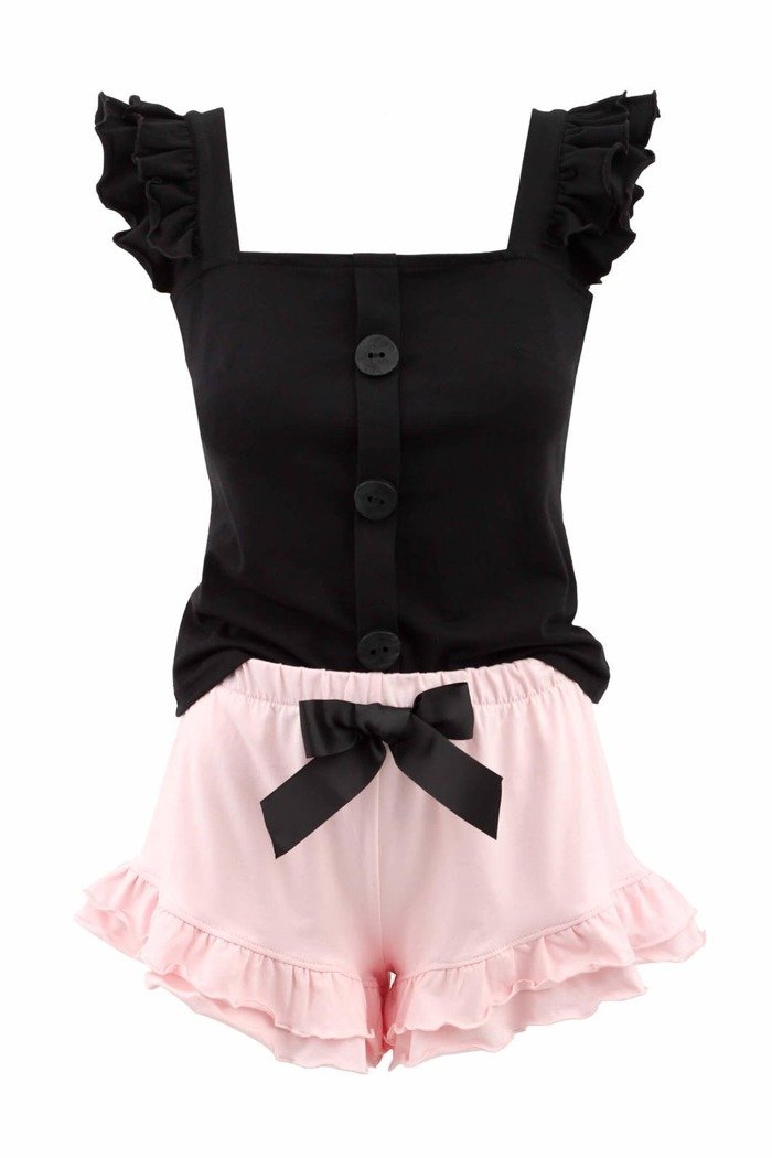 Piżama damska Abbigail - bawełniana czarna bluzka i różowe spodenki z kokardą