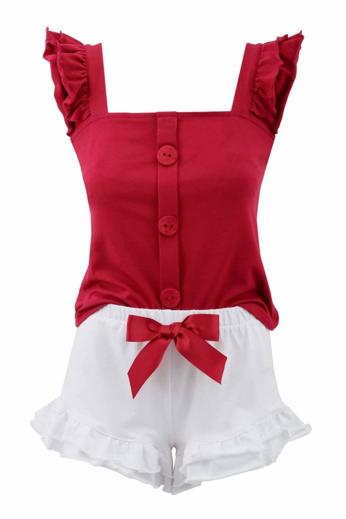 Piżama damska Ava- bawełniana bordowa bluzka i białe spodenki z kokardą 
