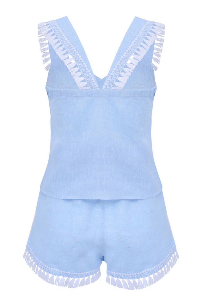 Piżama damska Basilia - lniana z chwościkami niebieska