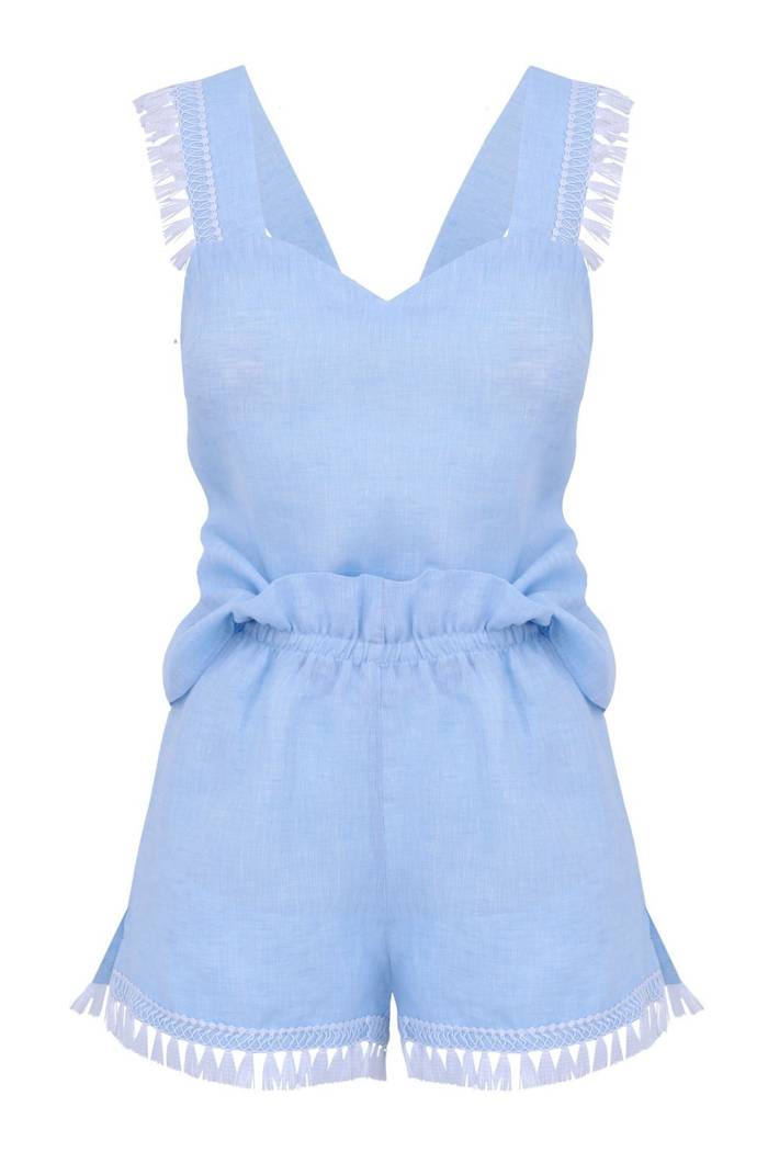 Piżama damska Basilia - lniana z chwościkami niebieska