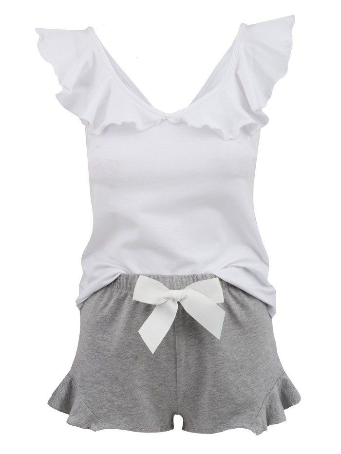 Piżama damska Bella - bawełniana z białą koszulką z falbankami