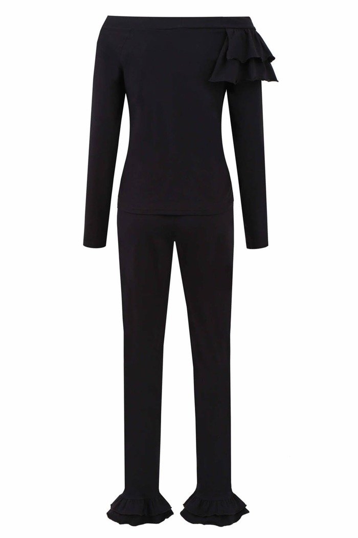Piżama damska Danielle - bawełniana czarna bluzka hiszpanka długie spodnie z falbaną i kokardą