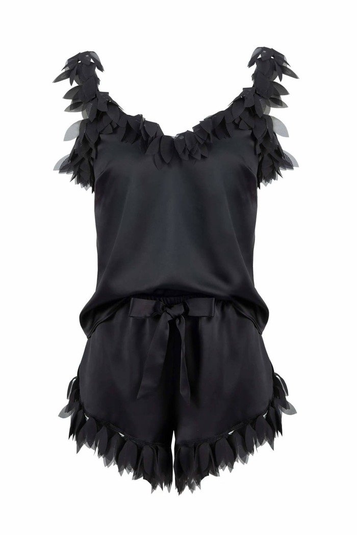 Piżama damska Jolene - satynowa czarna z szyfonowymi liśćmi