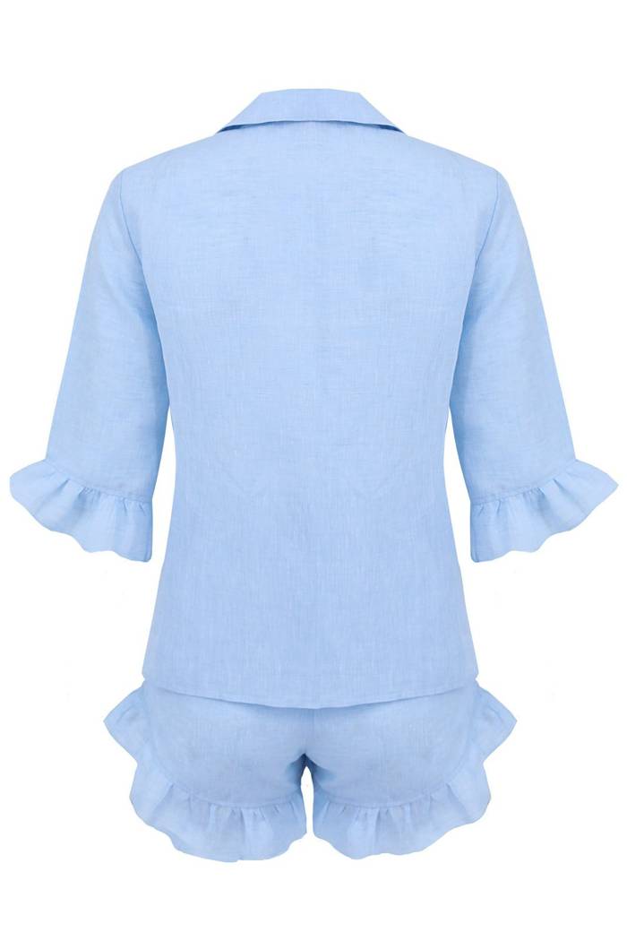 Piżama damska Kataleia - lniana zapinana na guziki niebieska