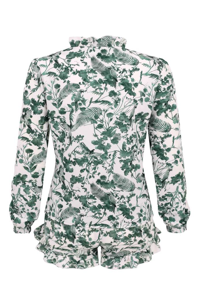 Piżama damska Linn - zielona z długimi rękawami z motywem liści i papug