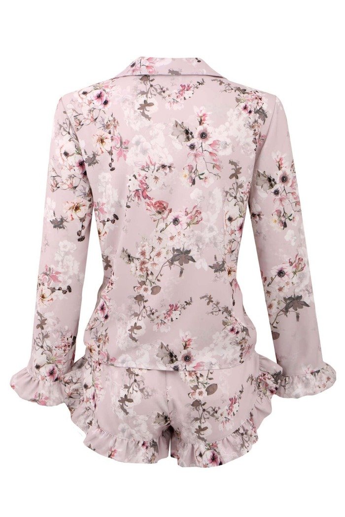 Piżama damska Madlen - wrzosowa w kwiaty z koszulą zapinaną na guziki