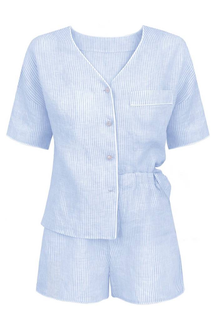 Piżama damska Zahara - lniana w paski niebiesko-białe
