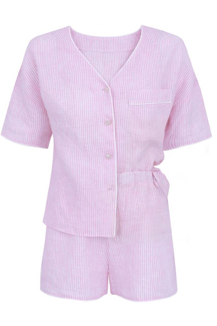 Piżama damska Zahara - lniana w paski różowo-białe